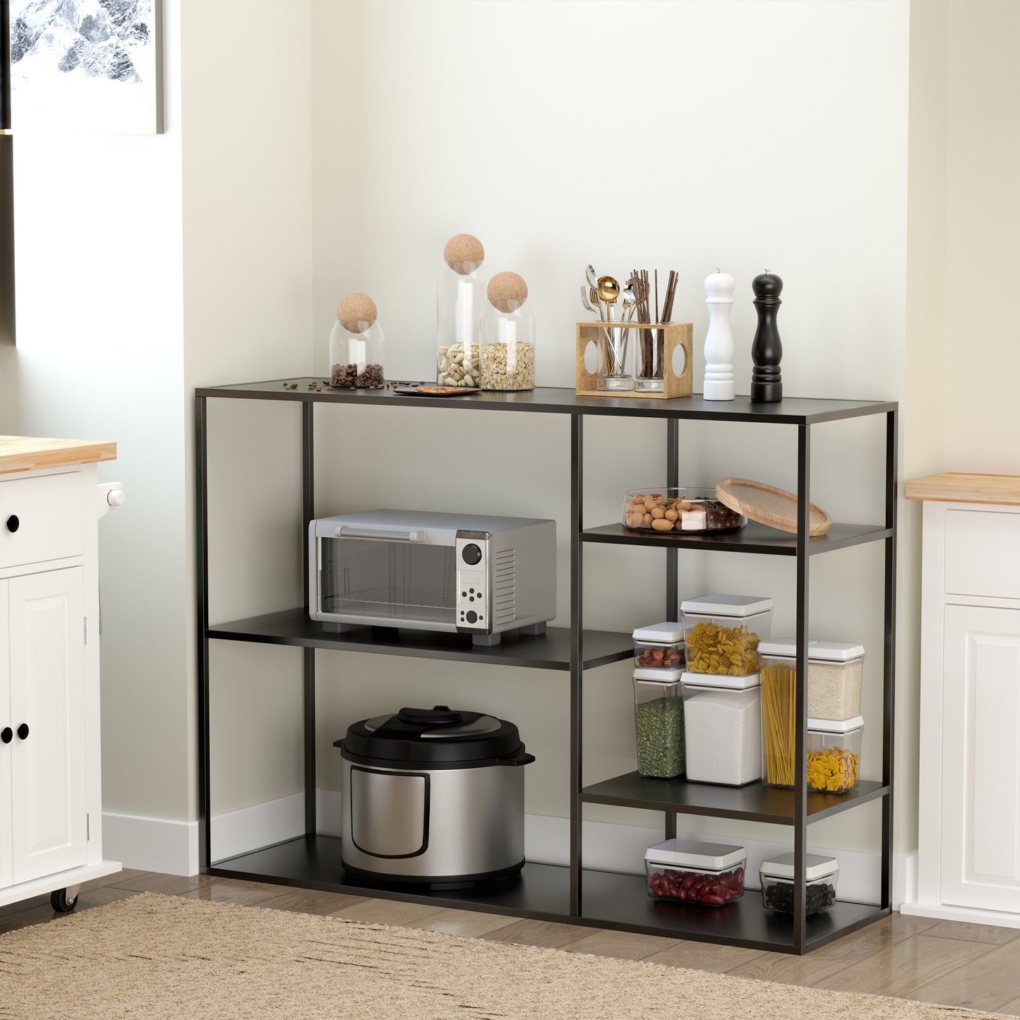 HOMCOM Standregal Bücherregal mit 5 offenen Fächern, Aufbewahrungsregal mit Metallrahmen, Würfelregal für Küche, Wohnzimmer, Schwarz, 120 x 35 x 87,5 cm