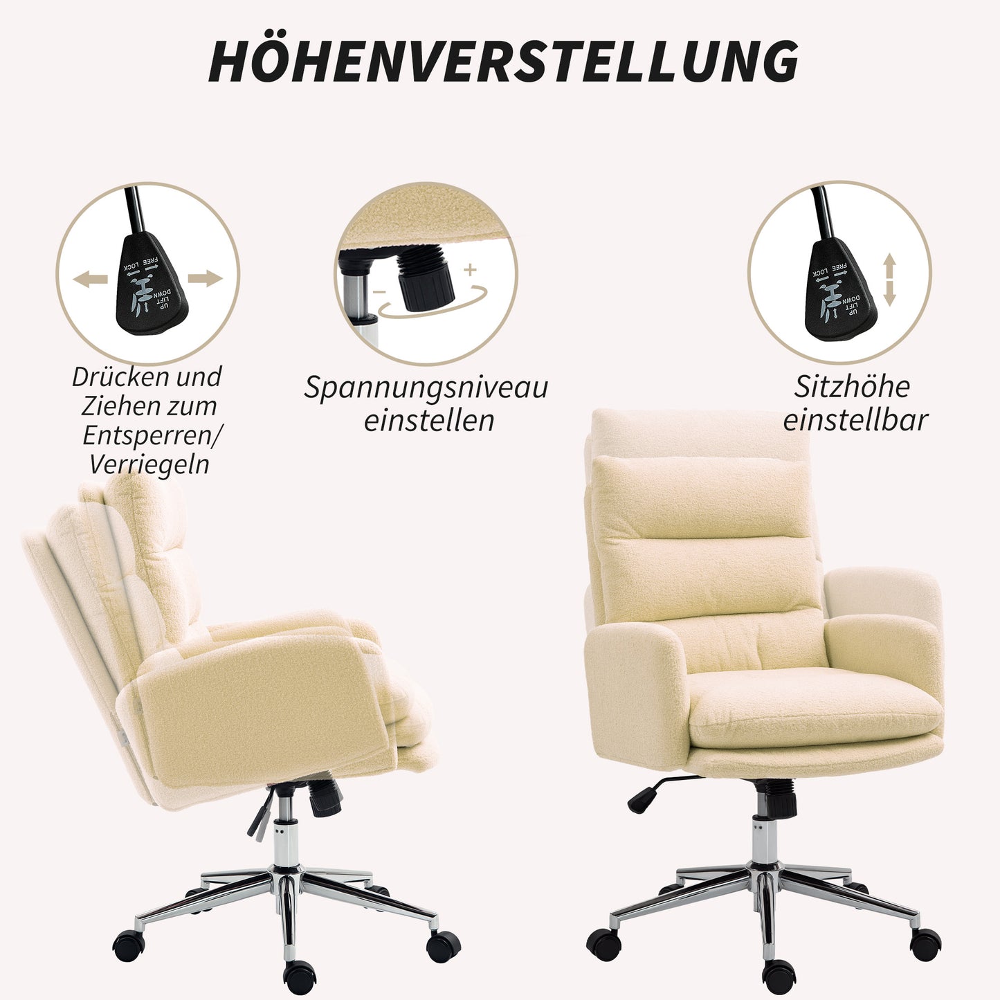 HOMCOM Bürostuhl, Schreibtisch-Polsterstuhl, Kippfunktion, drehbar, rollbar, Cremeweiß