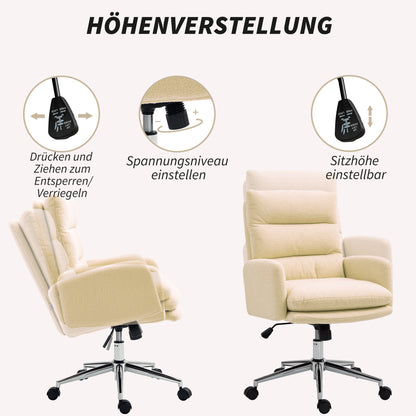 HOMCOM Bürostuhl, Schreibtisch-Polsterstuhl, Kippfunktion, drehbar, rollbar, Cremeweiß