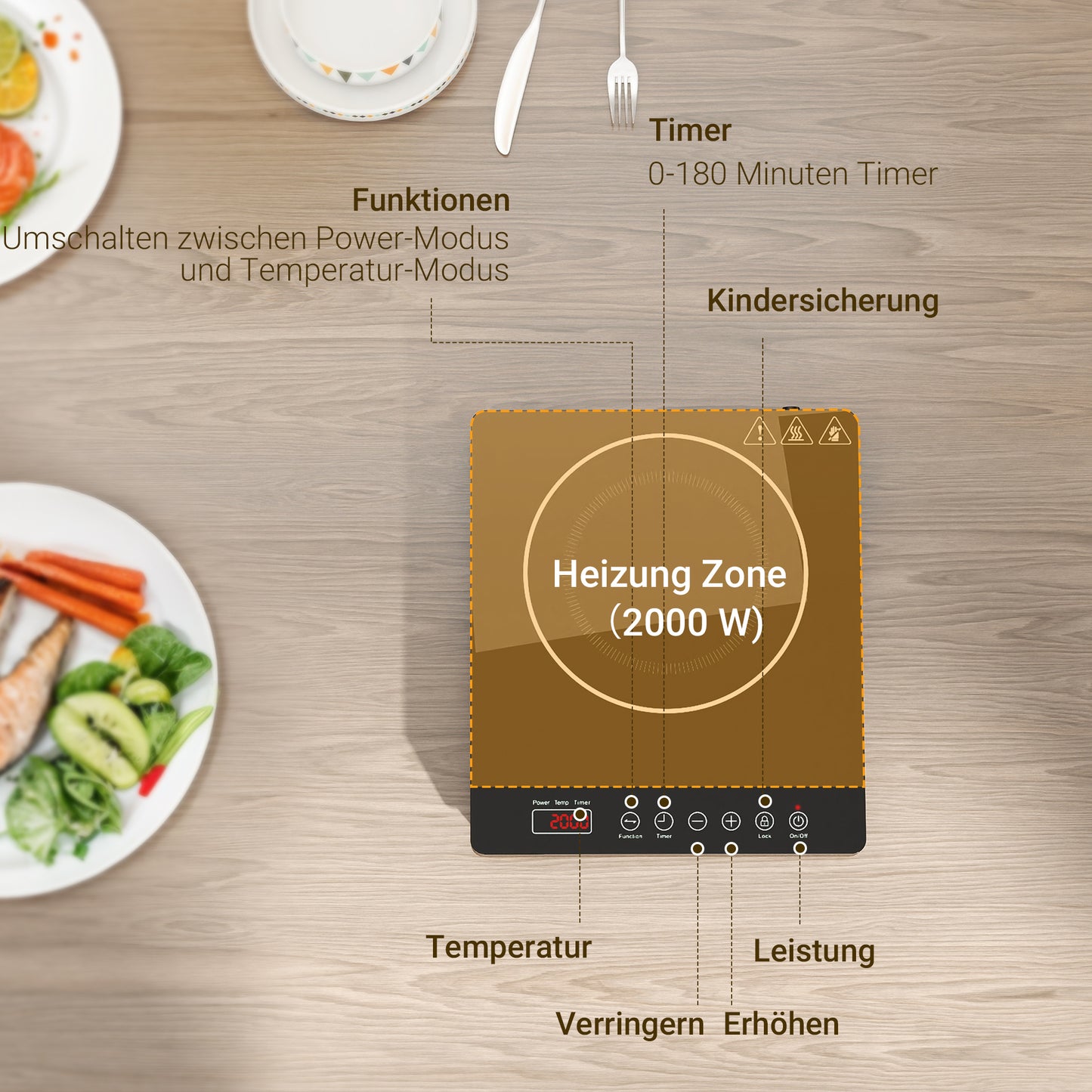 HOMCOM Kochplatte, Induktionskocher mit 10-Stufen-Temperatur, Touchpanel, Schwarz