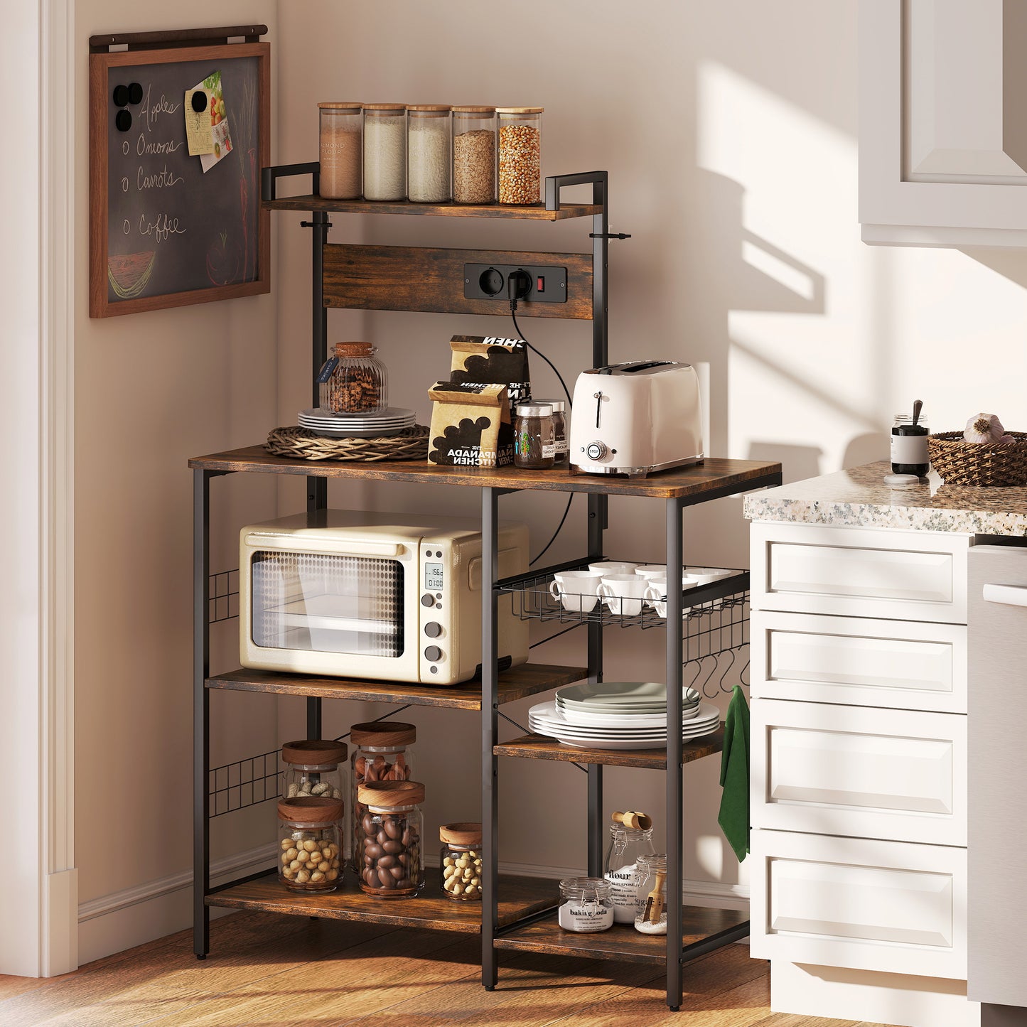 HOMCOM Küchenregal, Standregal mit 2 Steckdosen, 5 S-Haken, 5 Ablagen, Korb, X-Streben Stahl 90 x 42 x 130 cm