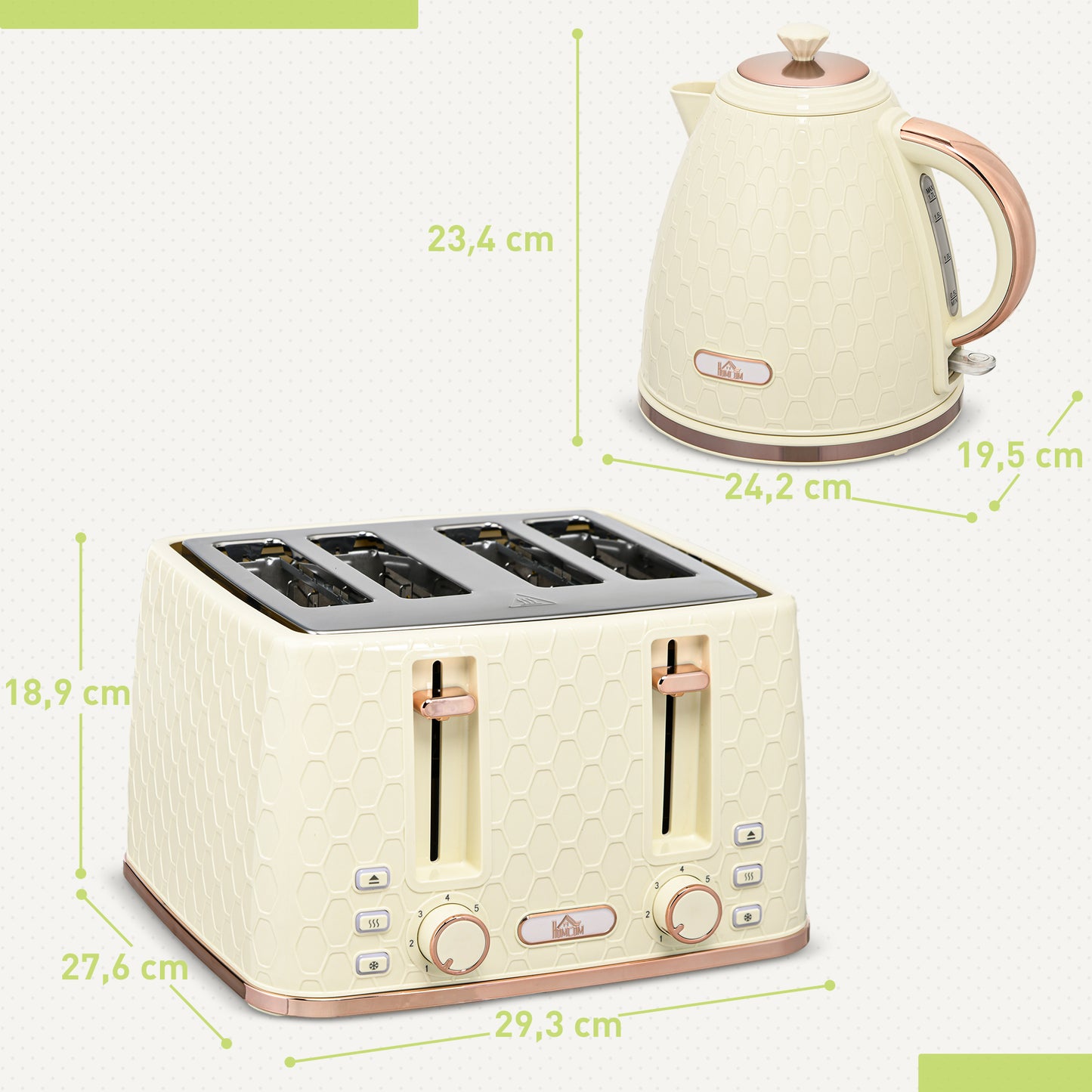 HOMCOM 2-in-1 Küchenset, Toaster und Wasserkocher, mehrere Optionen, 1,7 L, 4 Toastscheiben gleichzeitig, Kunststoff, Beige