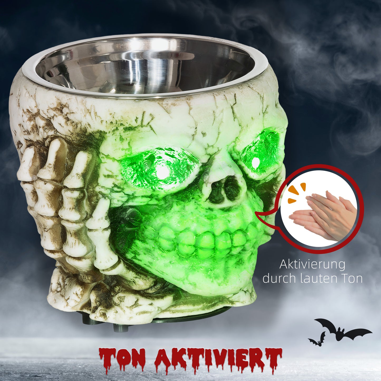 HOMCOM Halloweendekoration, Skelett-Süßigkeitenschale, leuchtende Augen, unheimliches Heulen, Grau/Schwarz