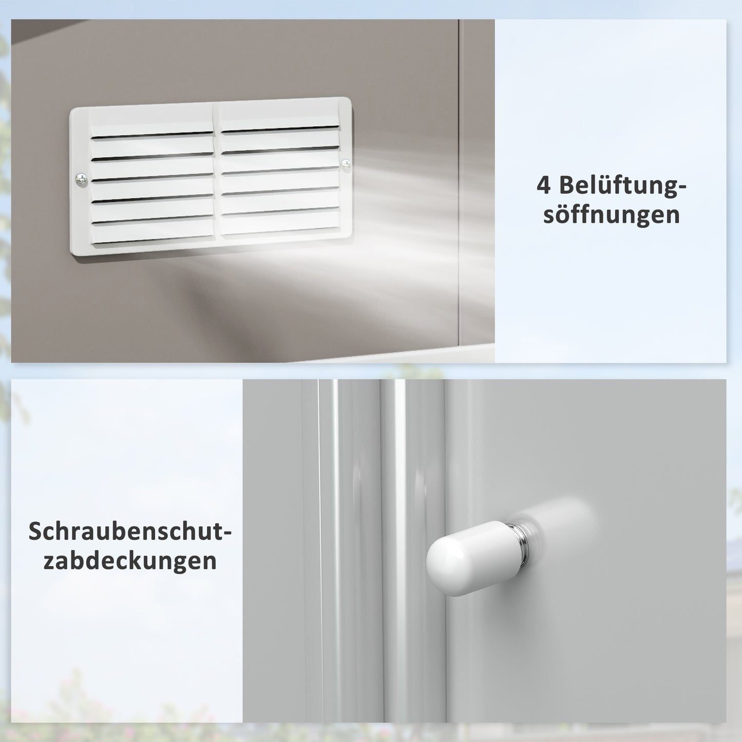 Outsunny Geräteschuppen, Wetterfestes Gartenhaus für Gartengeräte, mit Belüftungsfenstern, Schiebetüren, Stahl, Hellgrau