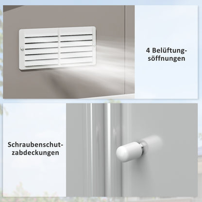 Outsunny Geräteschuppen, Wetterfestes Gartenhaus für Gartengeräte, mit Belüftungsfenstern, Schiebetüren, Stahl, Hellgrau