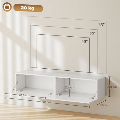 HOMCOM Wandmontierter TV-Schrank, schwebende TV-Kommode mit viel Ablagefläche und Stauraum, Spanplatte, Weiß