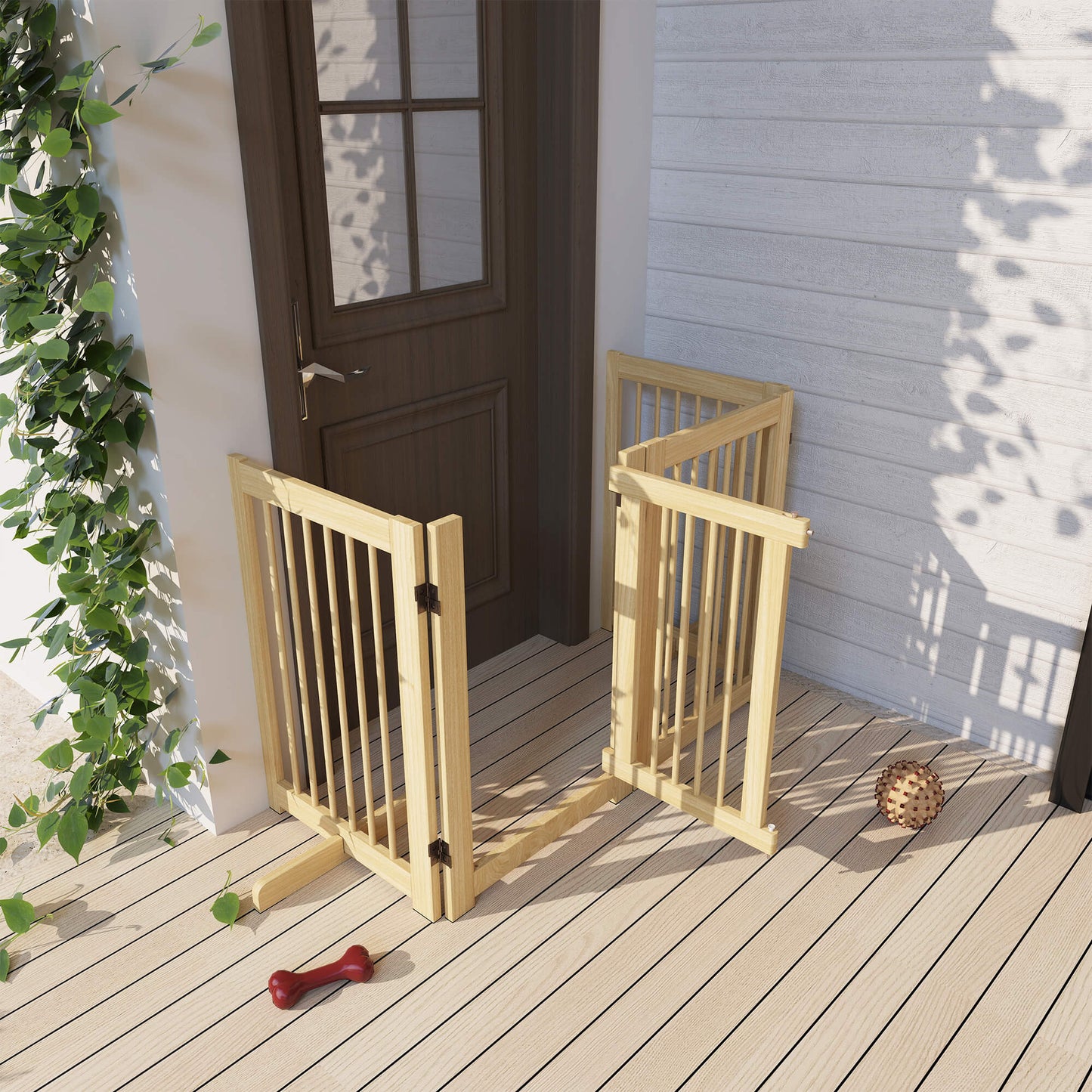 PawHut Freistehendes Hundegitter, 4 Paneele, flexibel, Kiefernholz, 204L x 36B x 75H cm, Naturholz