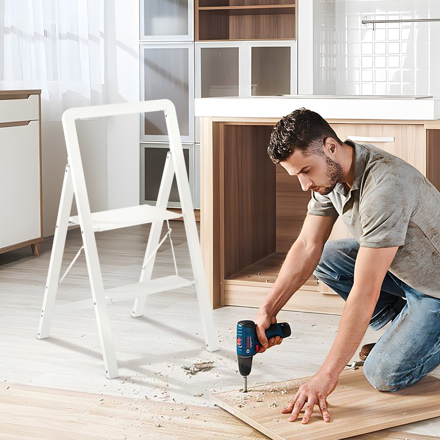 HOMCOM 2-stufige Trittleiter, Aluminum faltbar, rutschfeste Plattform, Weiß