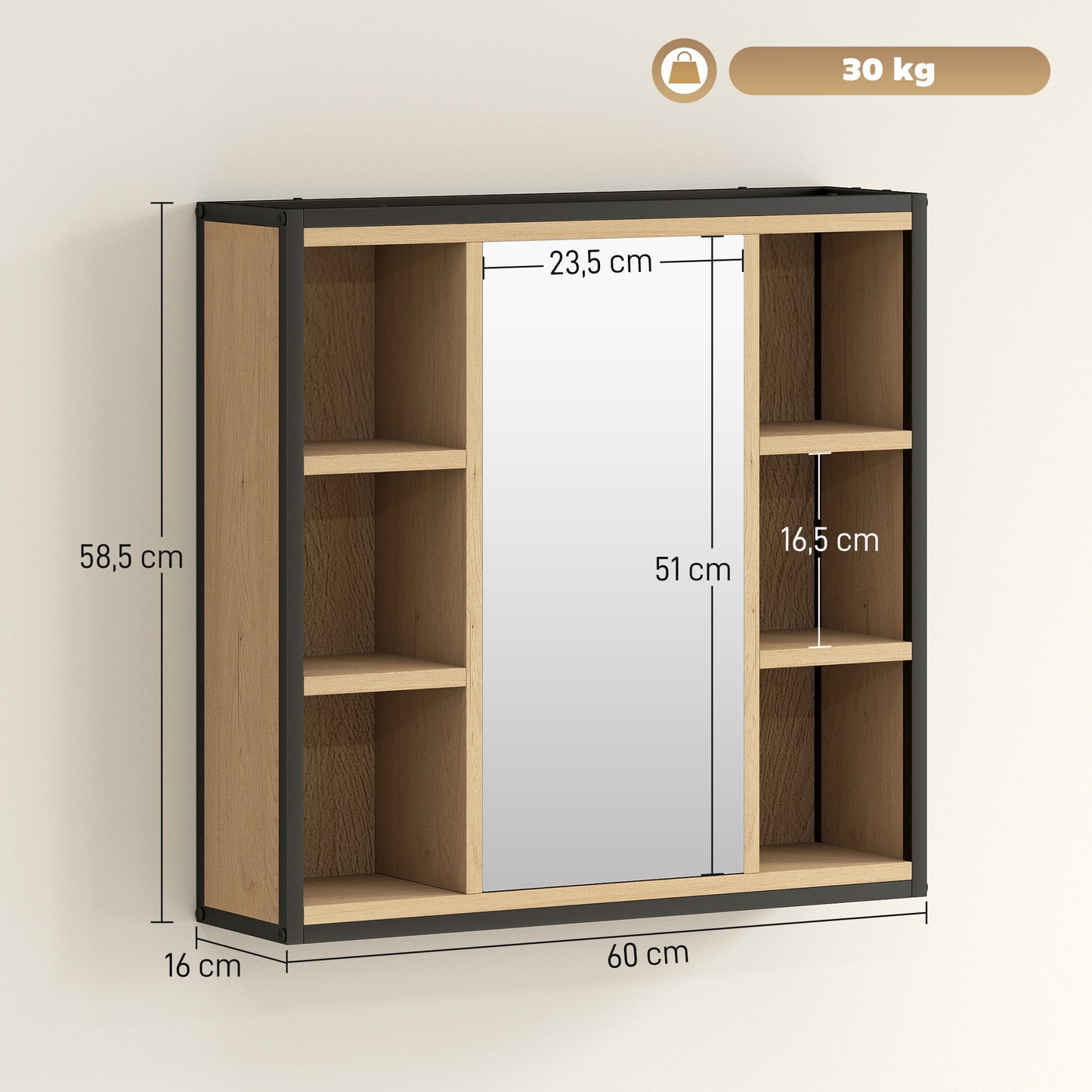 HOMCOM Badezimmer-Spiegelschrank, 6 offene Fächer, 3-stufiges Regal, Wandmontage, Eiche