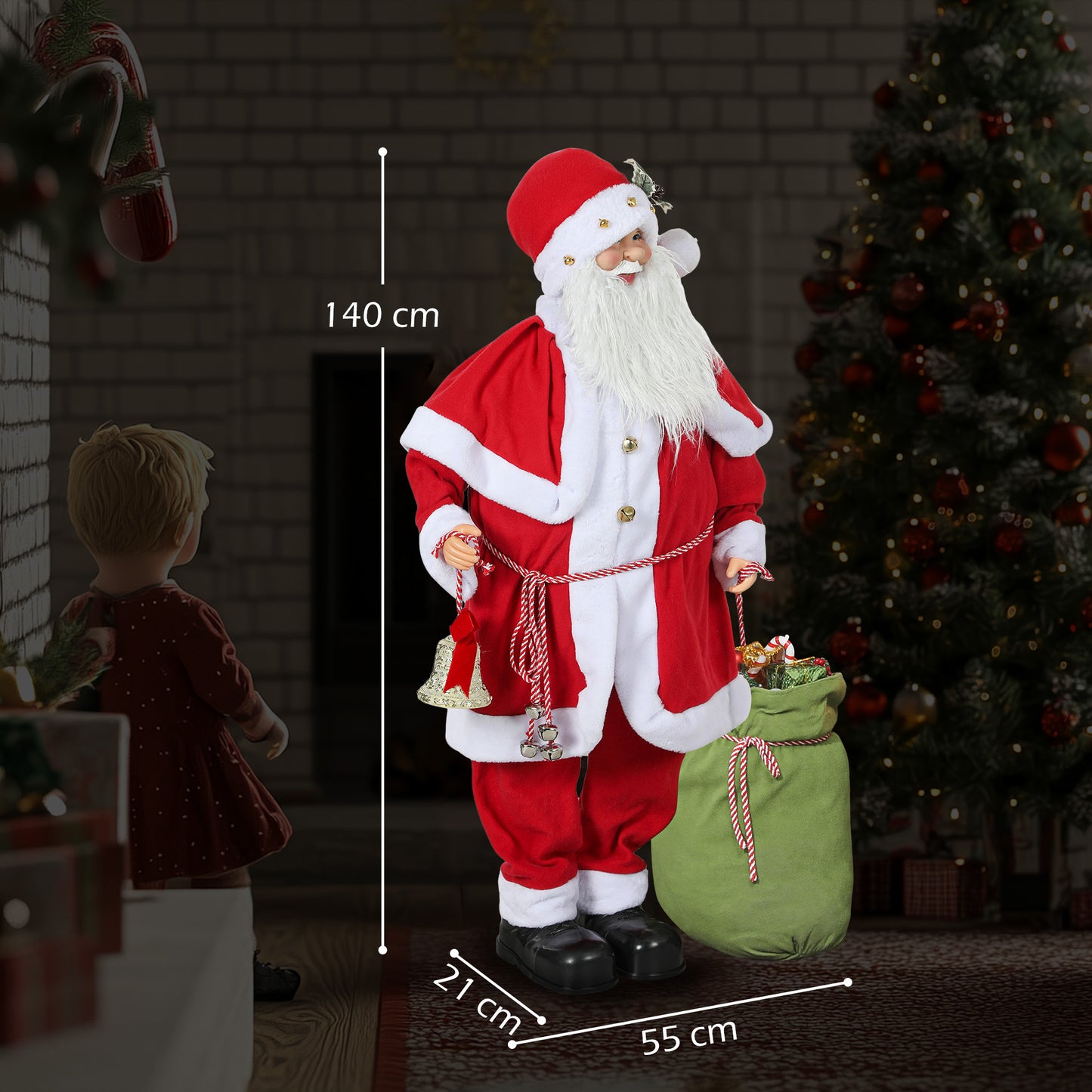 HOMCOM Weihnachtsmannfigur, beweglich, mit Geräuschsensor, Lachen & Musik, 140 cm, Rot
