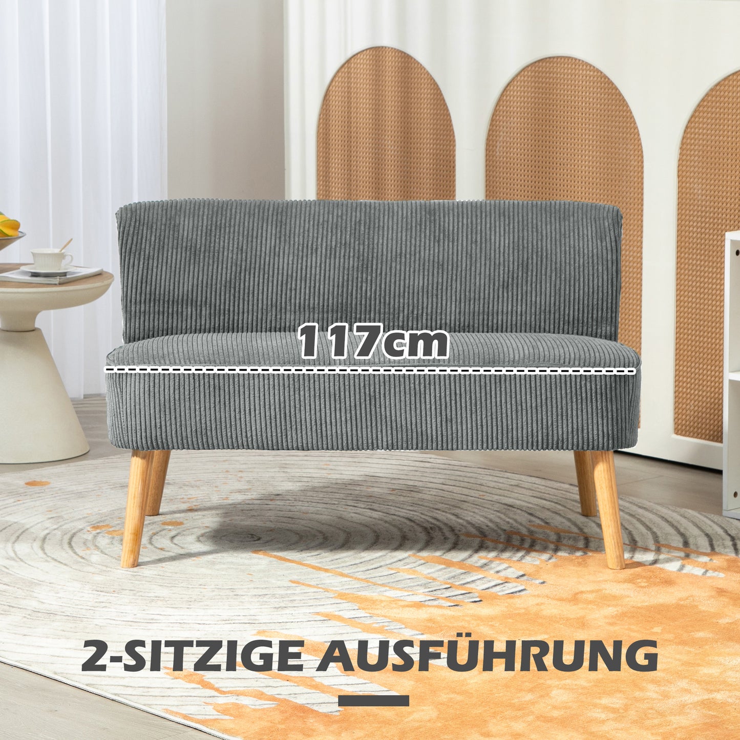 HOMCOM 2-Sitzer Polstersofa, Holz, Samtartiges Polyester, Schaumstoff, 117 x 56,5 x 77 cm, Grau