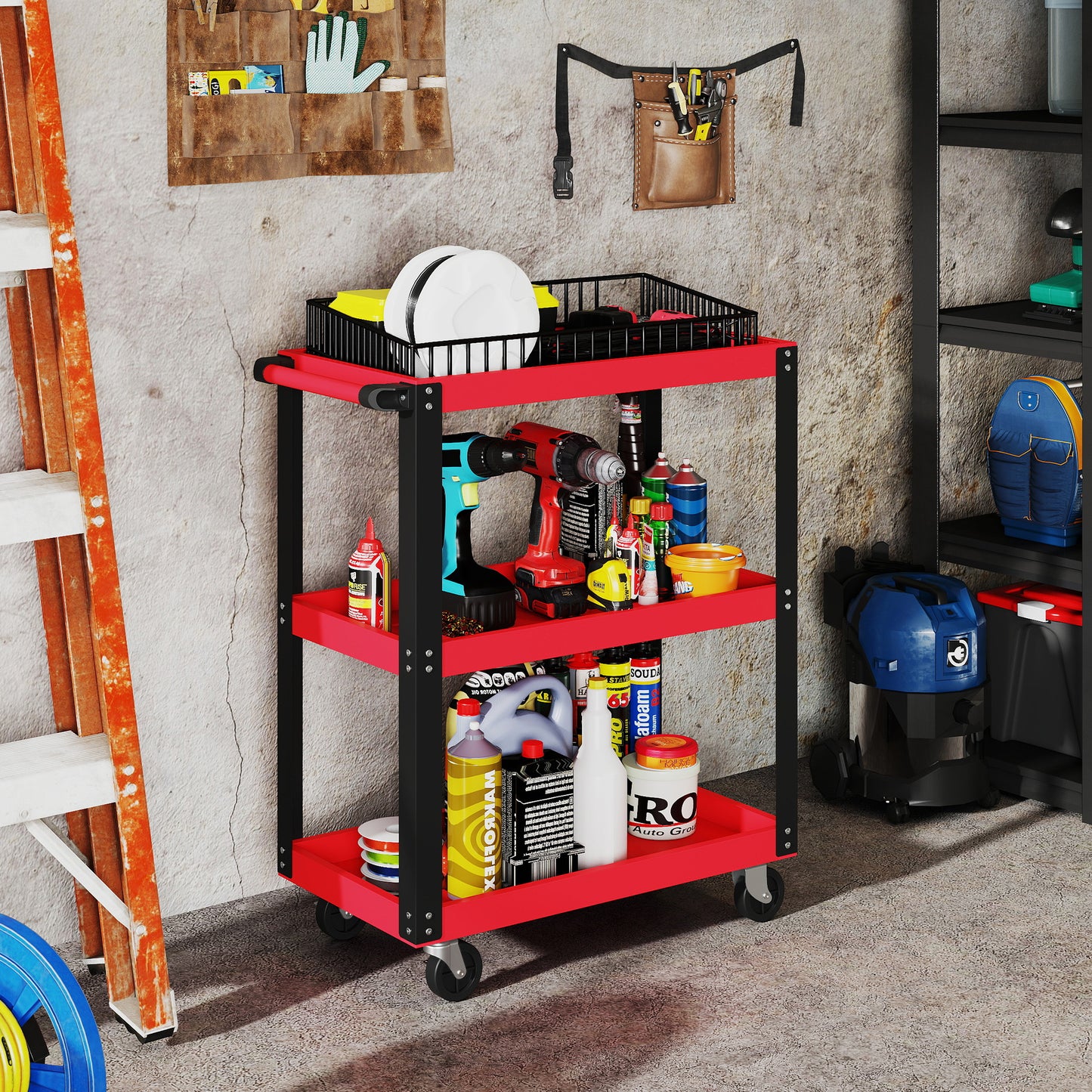 HOMCOM Werkzeugwagen mit 3 Ebenen, Metallrahmen, 120 kg Belastbarkeit, Rollen, Griff, Rot