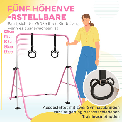 HOMCOM Kinder-Turnbarren mit Ringen, höhenverstellbar, klappbar, rutschfest, Stahlrahmen, 148x105x88-128 cm, Pink