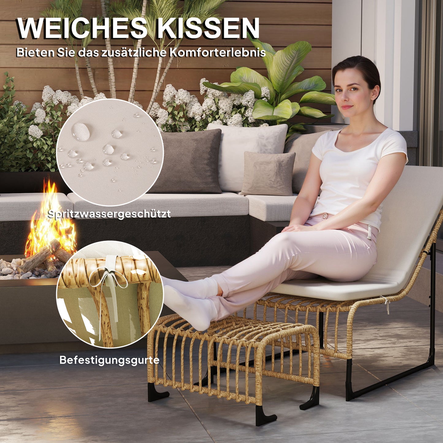 Outsunny Rattan Relaxsessel med Fußhocker UV-beständig Gartensessel mit Kissen Bänder 65 x 93 x 80 cm Naturholz