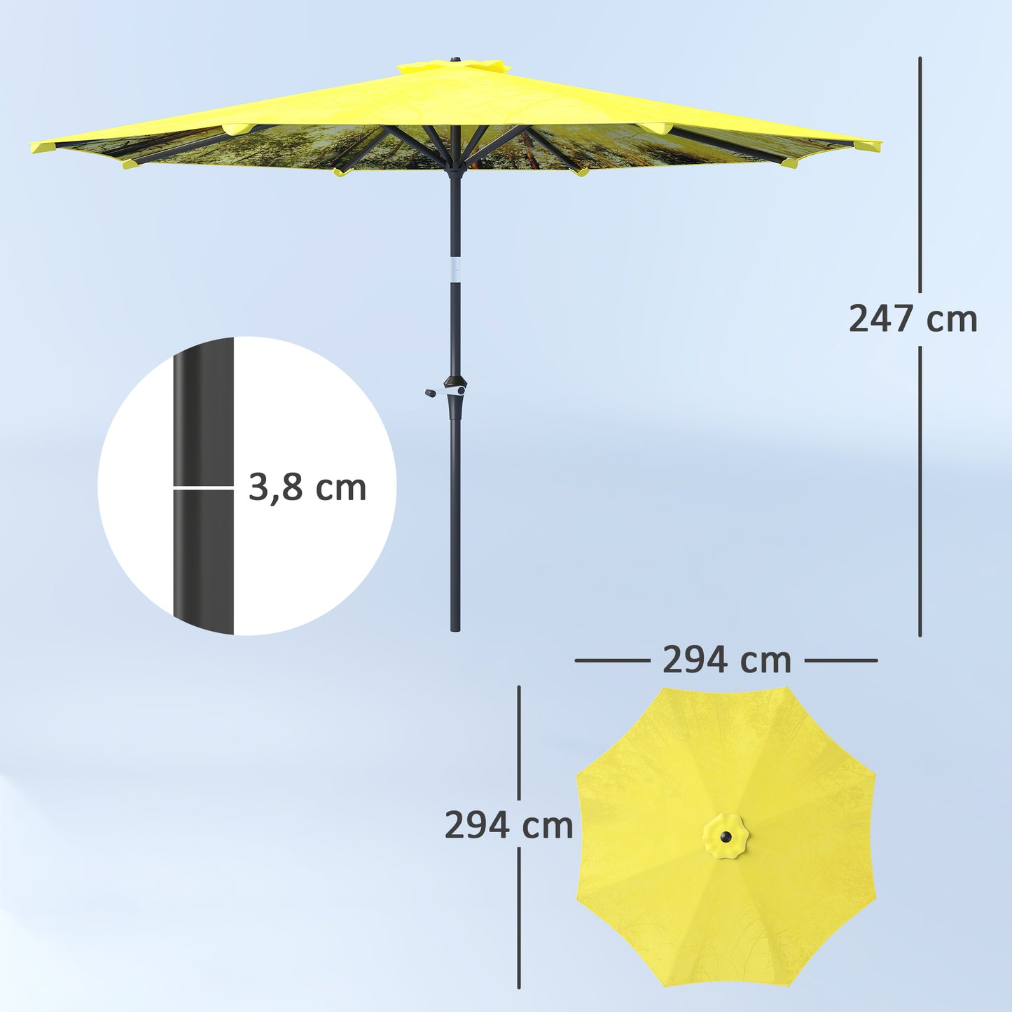 Outsunny Sonnenschirm Ø300 cm, Sonnenschirm mit Handkurbel, achteckig Balkonschirm Gelb