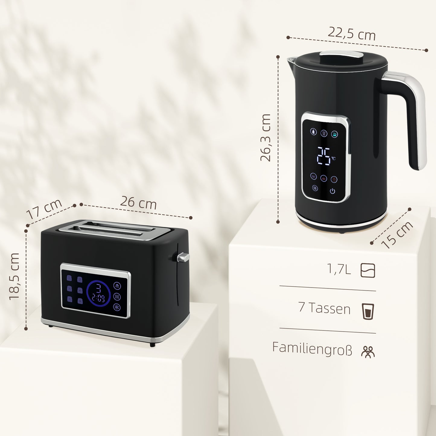 HOMCOM Wasserkocher und Toaster-Set mit LED-Touchscreen, 1,7 L, 2 Toasterschlitze, verschiedene Modi und Funktionen, Schwarz