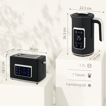 HOMCOM Wasserkocher und Toaster-Set mit LED-Touchscreen, 1,7 L, 2 Toasterschlitze, verschiedene Modi und Funktionen, Schwarz