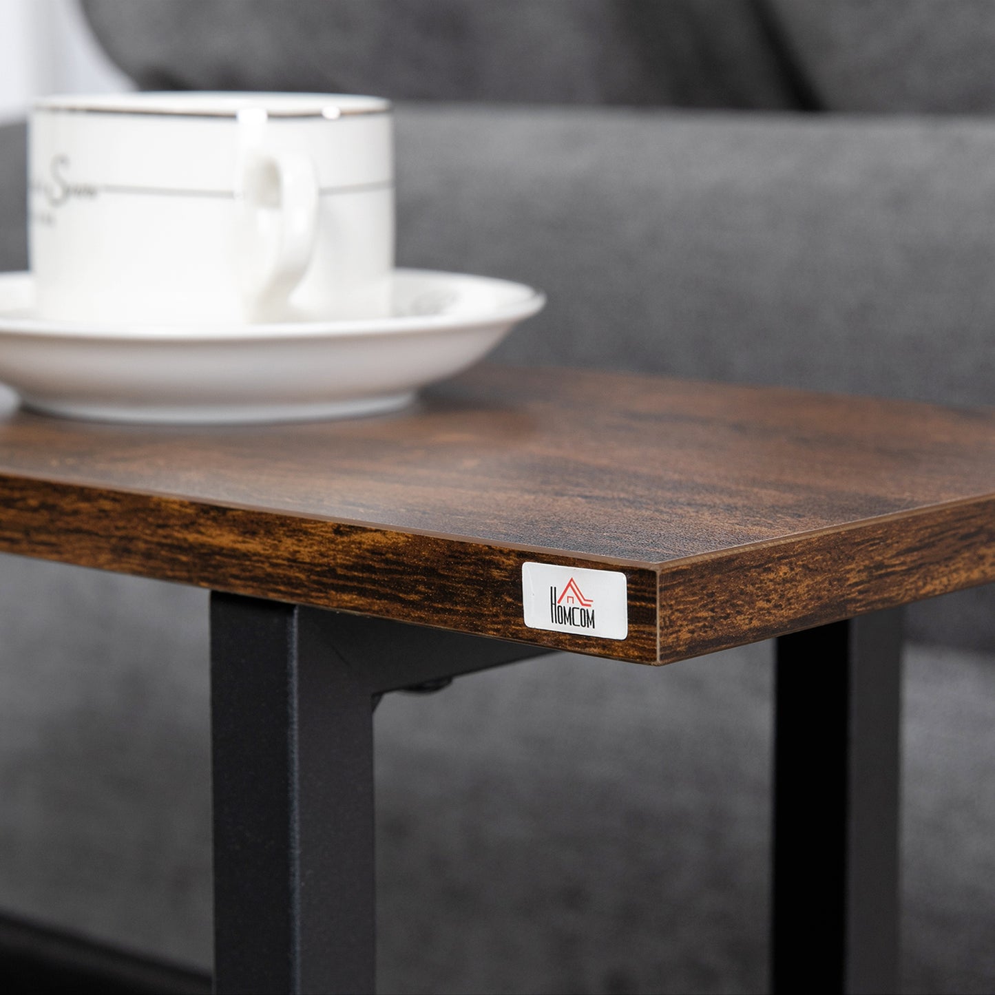 HOMCOM Beistelltisch, Nachttisch, schmales Design, mit Stofftasche, Stahl, dunkelbraun+schwarz, 49 x 19 x 55cm