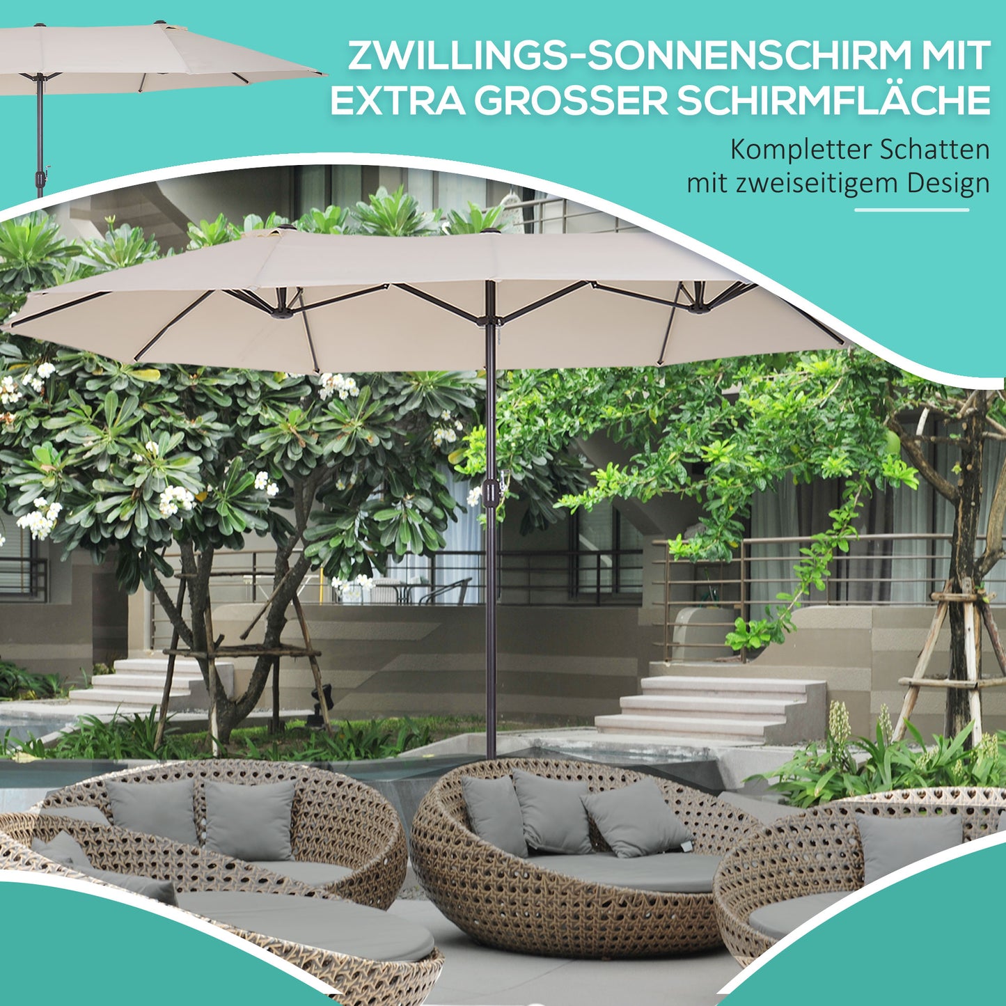 Outsunny XXL Sonnenschirm mit Handkurbel wetterbeständig 455 cm x 270 cm x 240 cm Stahl Polyester Beige