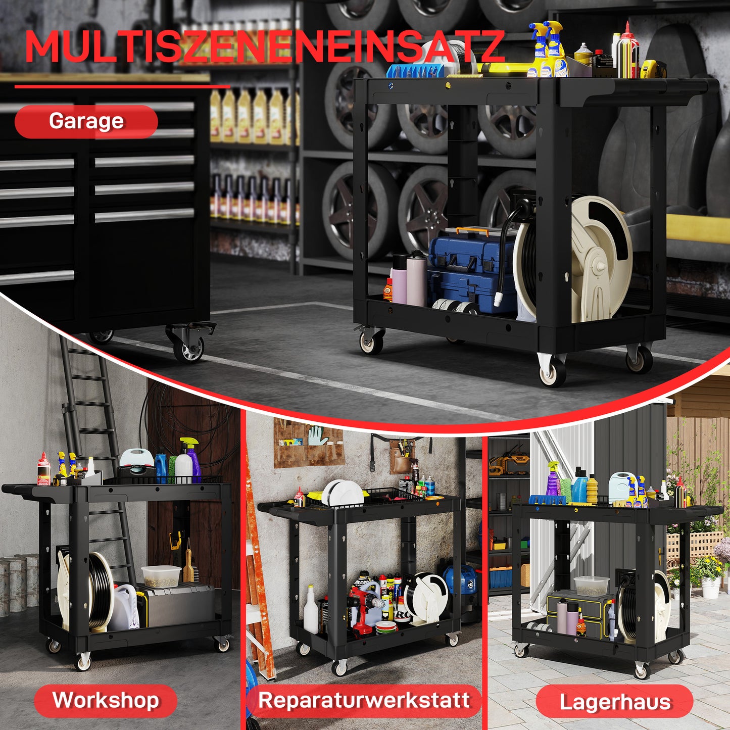 HOMCOM Werkzeugwagen, 2-stöckige Ablagen, Griff, Räder, Kunststoff, Schwarz