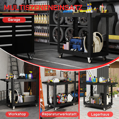 HOMCOM Werkzeugwagen, 2-stöckige Ablagen, Griff, Räder, Kunststoff, Schwarz