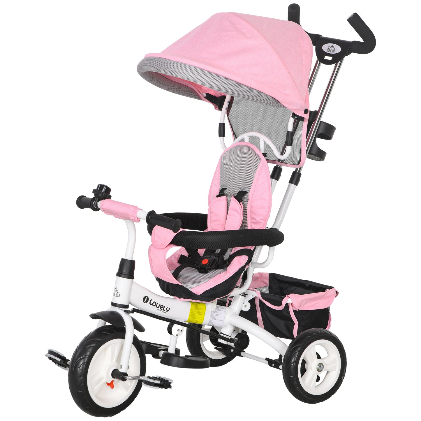 HOMCOM 6-in-1 Kinderdreirad mit Schiebestange, Dach, Gurt, Ablagekorb, für 1-5 Jahre, Rosa