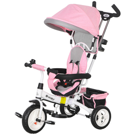 HOMCOM 6-in-1 Kinderdreirad mit Schiebestange, Dach, Gurt, Ablagekorb, für 1-5 Jahre, Rosa