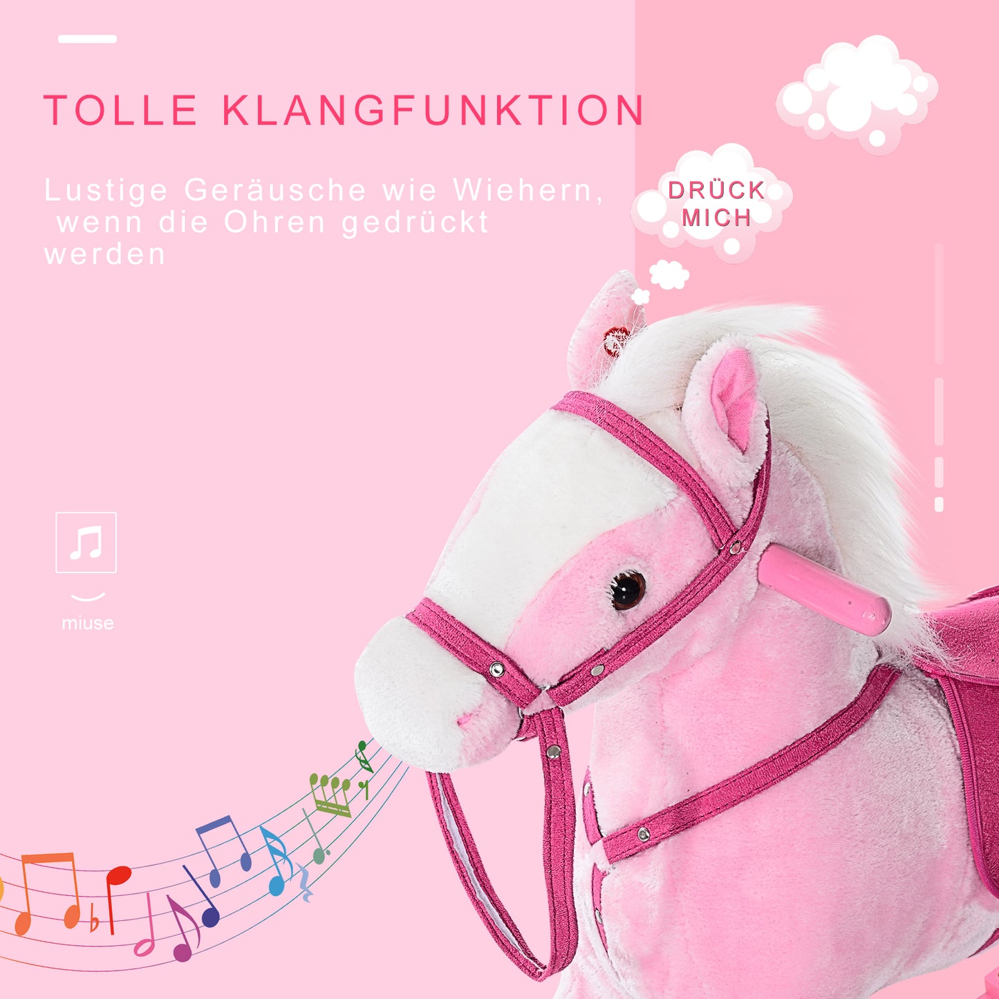 HOMCOM Schaukelpferd Schaukeltier mit Sound Effekt, Haltegriffen Plüsch Baby Schaukelspielzeug Schaukel für 3-6 Jahre Kinder