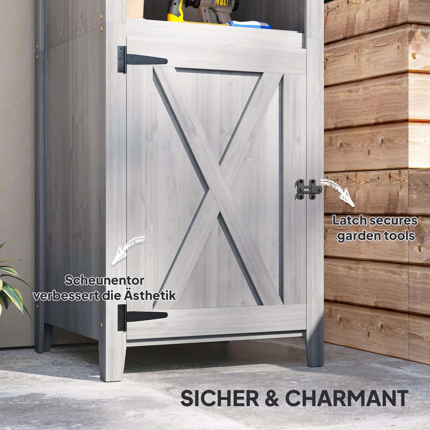 Outsunny Gartenschuppen mit Scheunentür, verstellbare Regale, schlankes Design, Tannenholz, Hellgrau