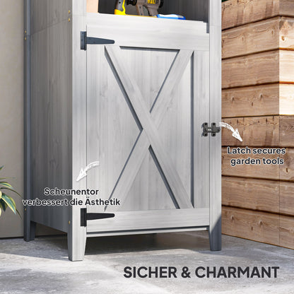 Outsunny Gartenschuppen mit Scheunentür, verstellbare Regale, schlankes Design, Tannenholz, Hellgrau