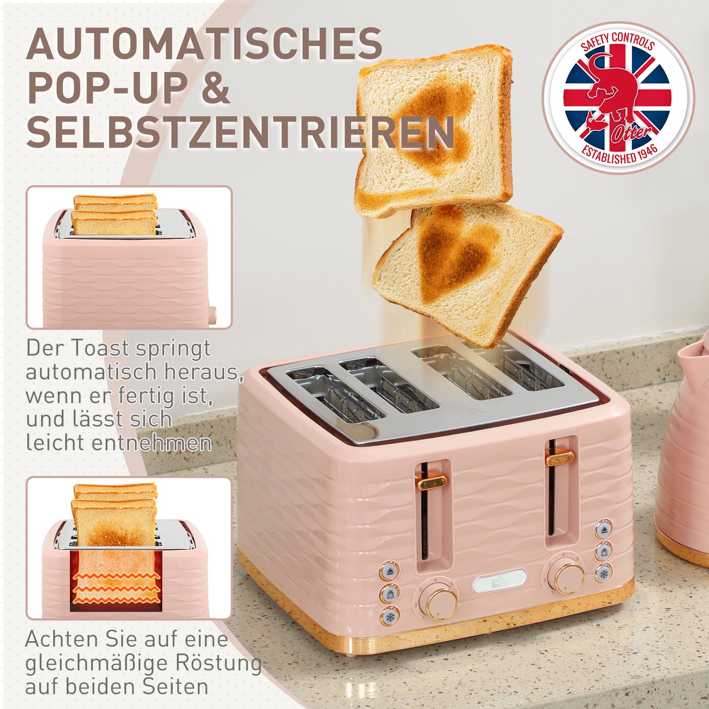 HOMCOM 2-in-1 Toaster- und Wasserkocher-Set, 7 Bräunungsstufen, Auftau- und Aufwärmfunktion, Rosa