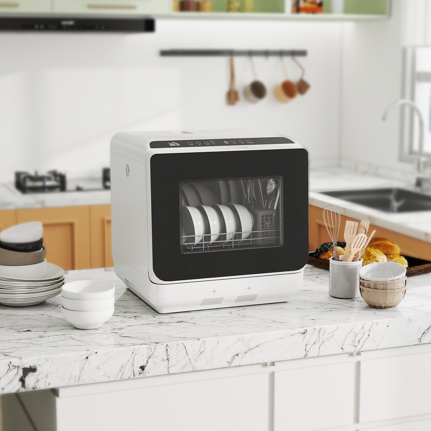HOMCOM Tischgeschirrspüler, Mini-Geschirrspüler mit 6-Liter-Tank, 5 Programme, LED-Anzeige, Trocknungsfunktion, Weiß