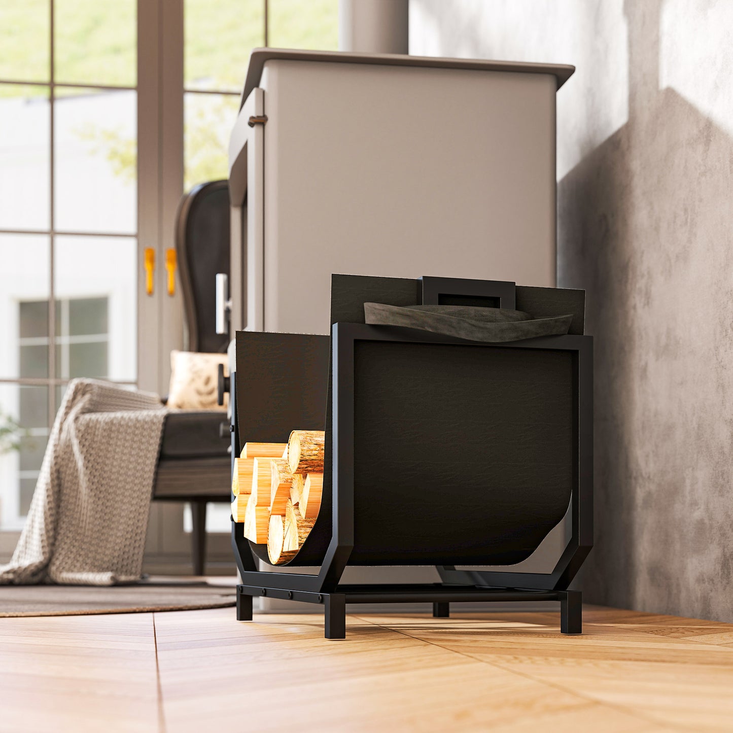 Outsunny Kaminholzregal för inomhus 53 x 33 x 43 cm Brennholzregal med Tragetasche Metall Schwarz