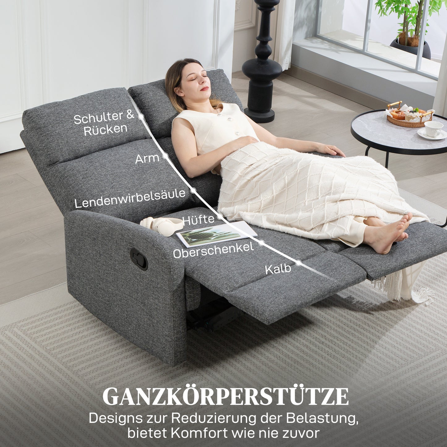HOMCOM 2-Sitzer-Sofa, individuell verstellbare Rückenlehnen, Fußstütze, Stoffbezug, Stahl, Grau