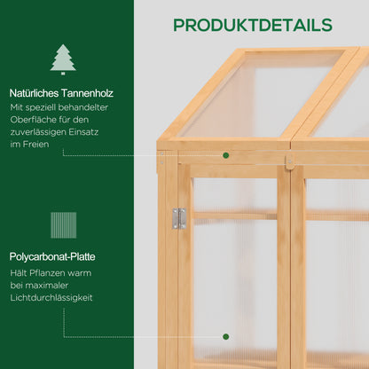 Outsunny Mini-Gewachshaus, kleines Treibhaus mit Holzrahmen, Fenster och Doppeltür, 3 Regale, 70L x 50B x ​​120H cm, Braun