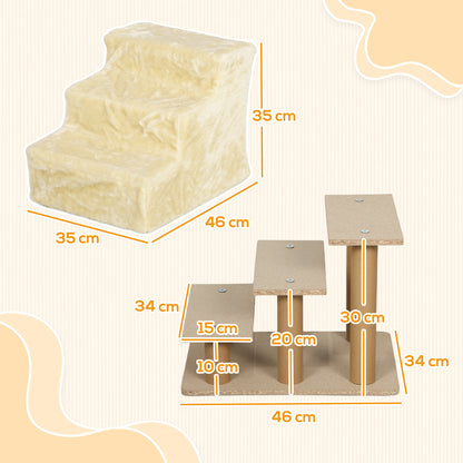 PawHut Faltbare Haustiertreppe, 3 Stufen, waschbarer Plüschbezug, Spanplatte, 46 x 35 x 35 cm, Beige