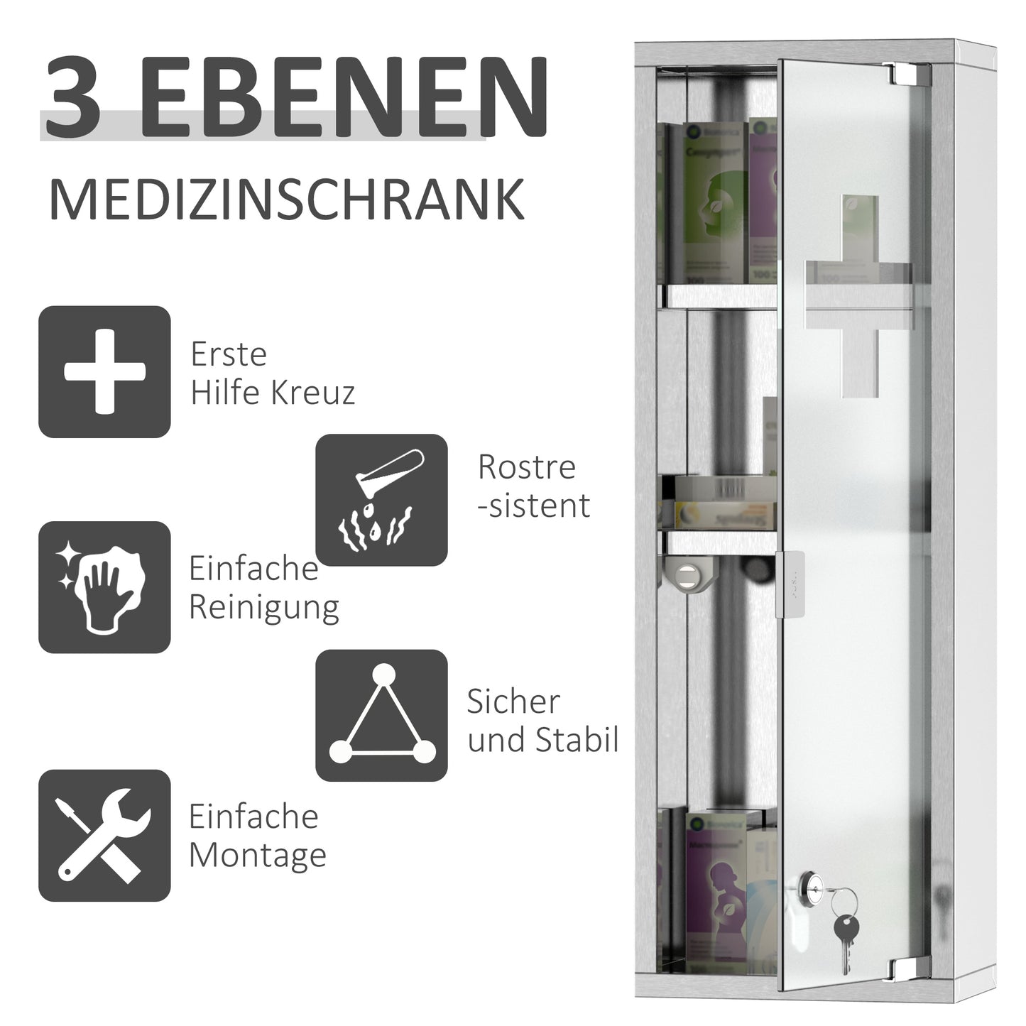 kleankin Medizinschrank aus Edelstahl und gehärtete Glastür Arzneischrank zur Medikamenten-Aufbewahrung, Abschließbar Medikamentenschrank mit 3 Fächern, Erste Hilfe Schrank, 20 x 12 x 58 cm, Silber