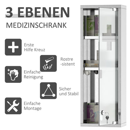 kleankin Medizinschrank aus Edelstahl und gehärtete Glastür Arzneischrank zur Medikamenten-Aufbewahrung, Abschließbar Medikamentenschrank mit 3 Fächern, Erste Hilfe Schrank, 20 x 12 x 58 cm, Silber
