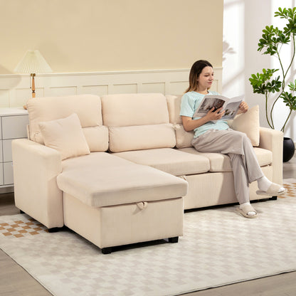 HOMCOM Verstellbares Bettsofa, L-förmiges Gästesofa mit Bettfunktion, Stauraum, Kissen, für Wohnzimmer, Gästezimmer, Beige