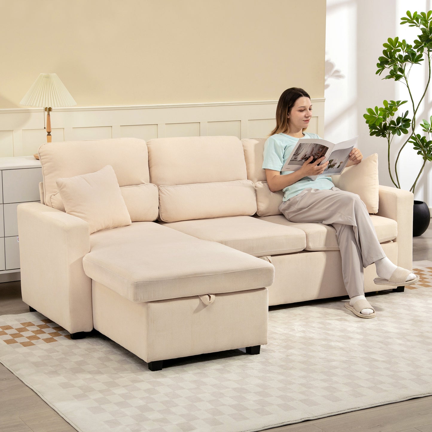 HOMCOM Verstellbares Bettsofa, L-förmiges Gästesofa mit Bettfunktion, Stauraum, Kissen, für Wohnzimmer, Gästezimmer, Beige