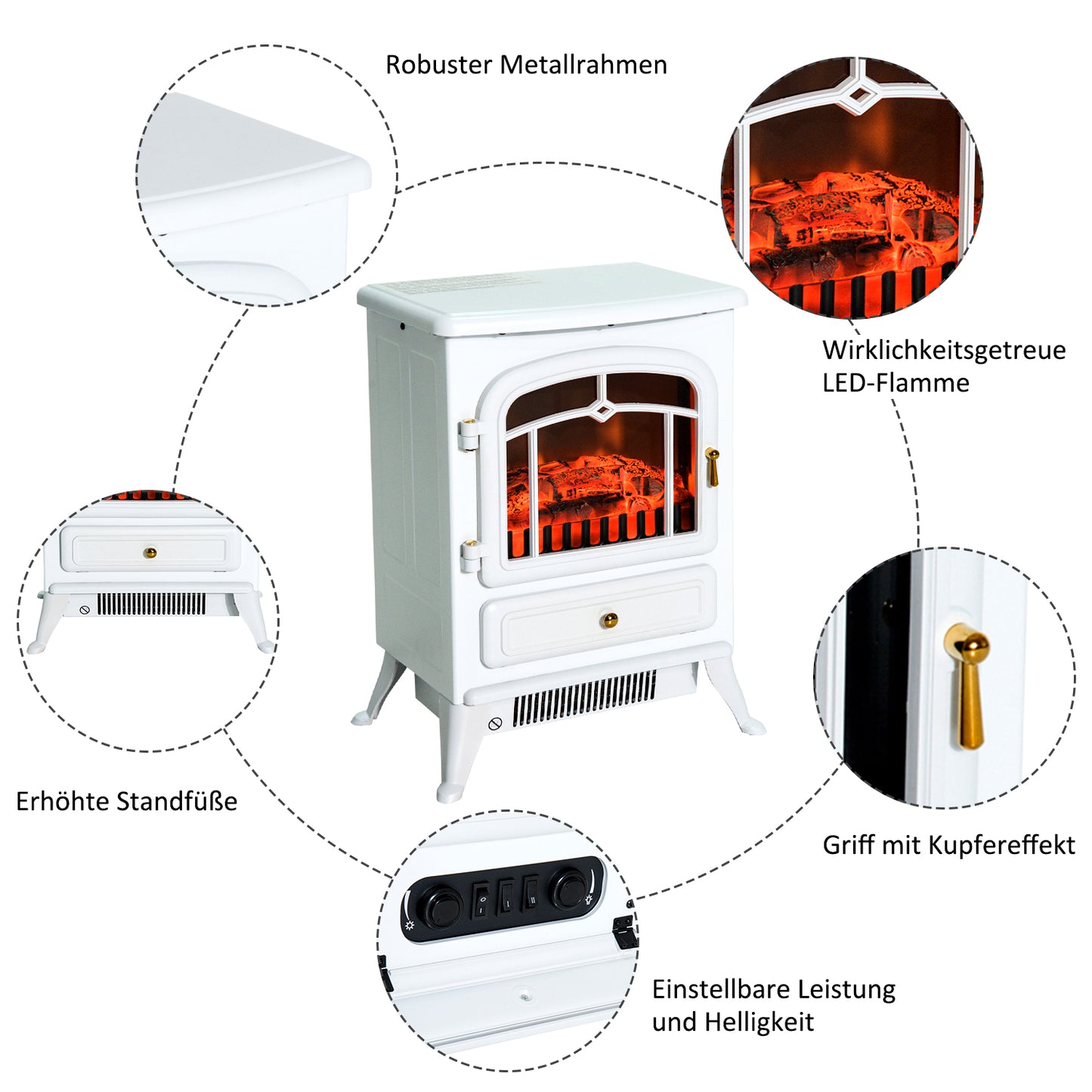 HOMCOM Elektrokamin mit Heizung, elektrischer Kamin mit LED Flammeneffekt, 950/1850W Dekokamin mit Thermostat, elektrisch Kaminfeuer mit Überhitzungs-Schutz, Kaminofen, Weiß