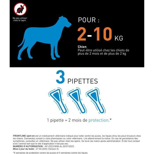 FRONTLINE 3 SPOT ON Antiparasitic Pipettes for Dogs - 2 to 10 kg - Fleas, ticks, lice