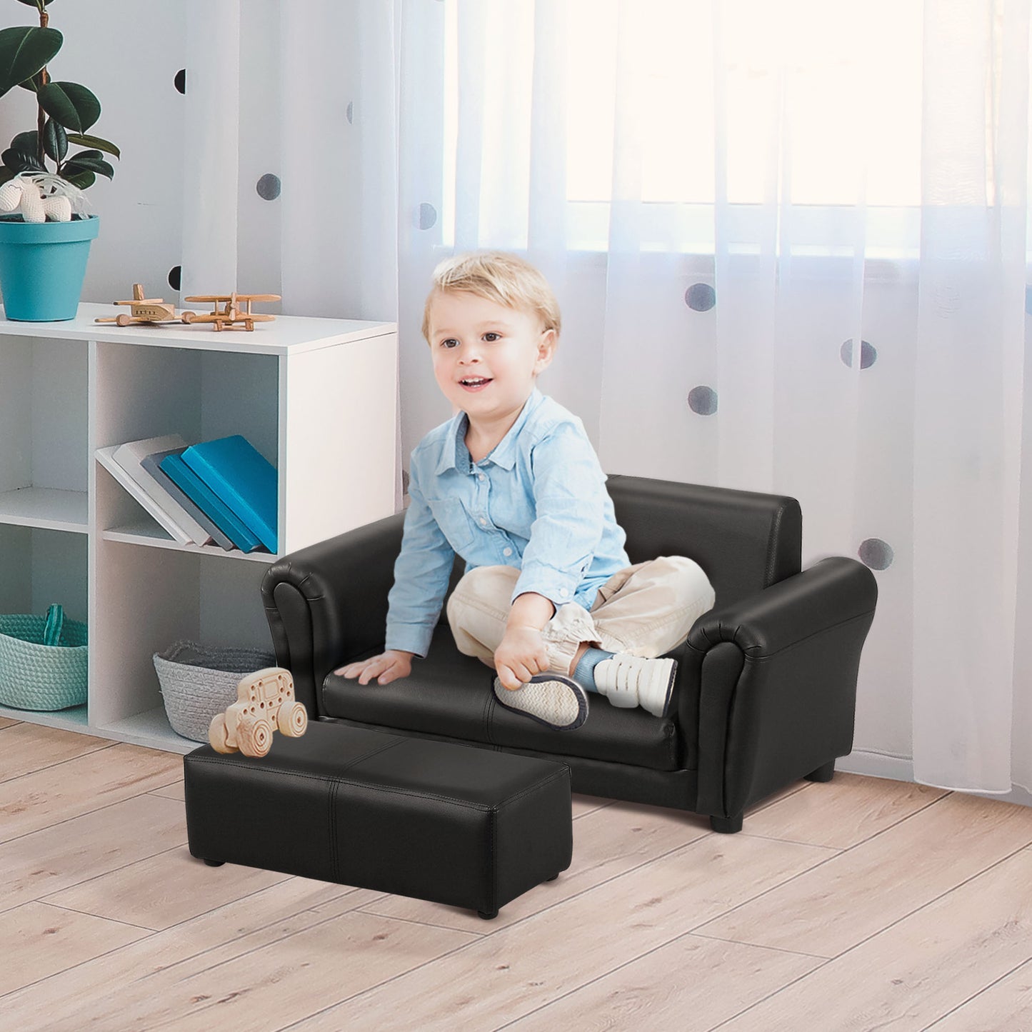 HOMCOM Kindersessel mit Fußhocker, Kindercouch mit Hocker, Kindersofa, Sofa Sessel, Schwarz, 83 x 42 x 41 cm