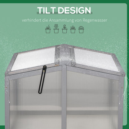 Outsunny Frühbeet Treibhaus Gewächshaus Frühbeetkasten Pflanzenbeet mit Abdeckung aus Holz und Polycarbonat wetterfest Hellgrau 90 x 80 x 58 cm