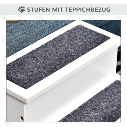 PawHut Hundetreppe 3 Stufen Katzentreppe Haustiertreppe Hundetreppe für Hunde und Katzen Tiertreppe Einstiegshilfe mit Teppich Staurum für Soffa Bett Tannenholz Weiß 40,5 x 44,5 x 38 cm