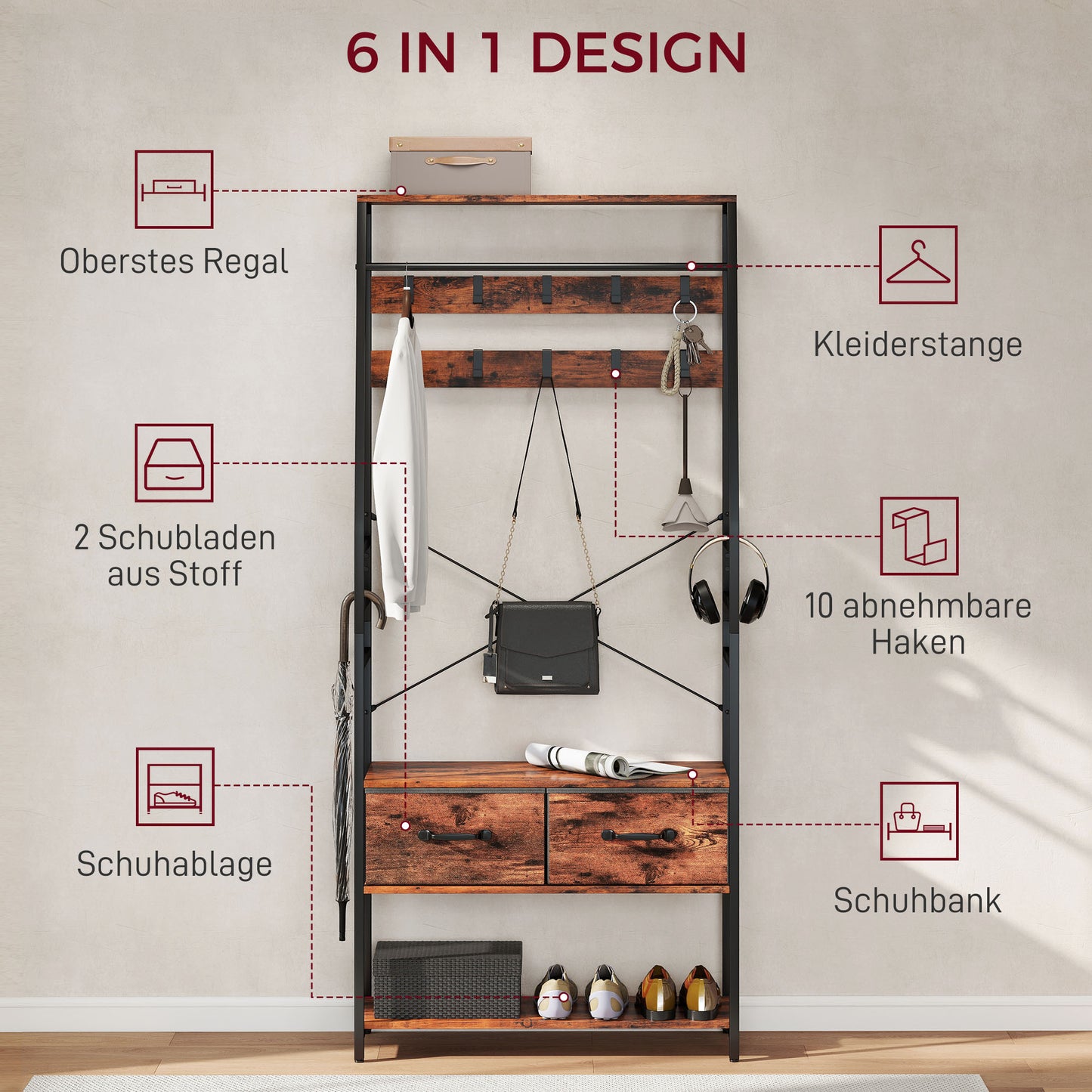 HOMCOM Garderobe mit Schuhregal, Mantelständer mit Sitzbank, 10 Haken, 2 Stoffschubladen, Kleiderstange, Spanplatte, Metall, Braun