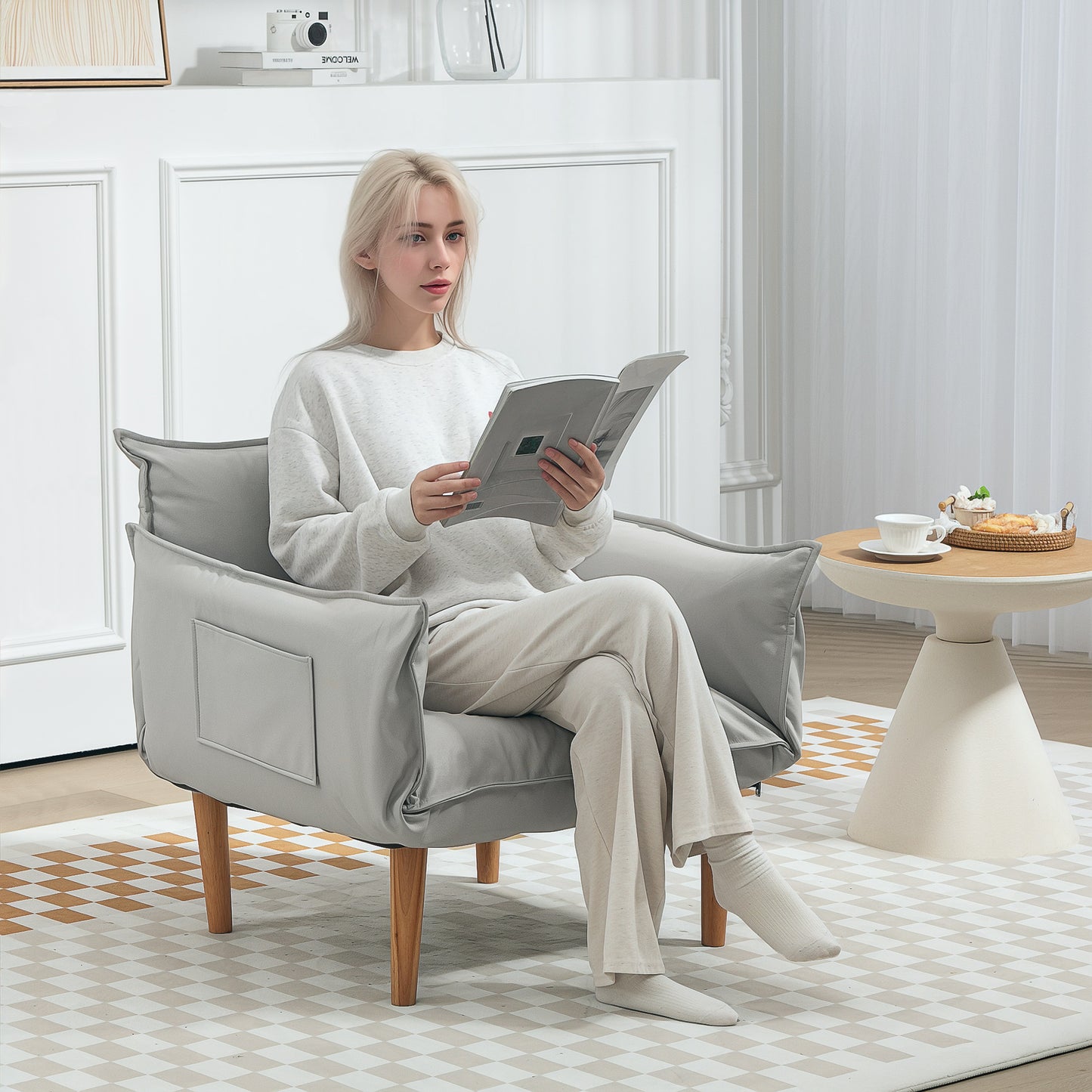 HOMCOM 2-in-1 Verstellbarer Loungesessel, Bodensessel mit Kissen, Polstersessel, für Wohnzimmer, Schlafzimmer, Hellgrau