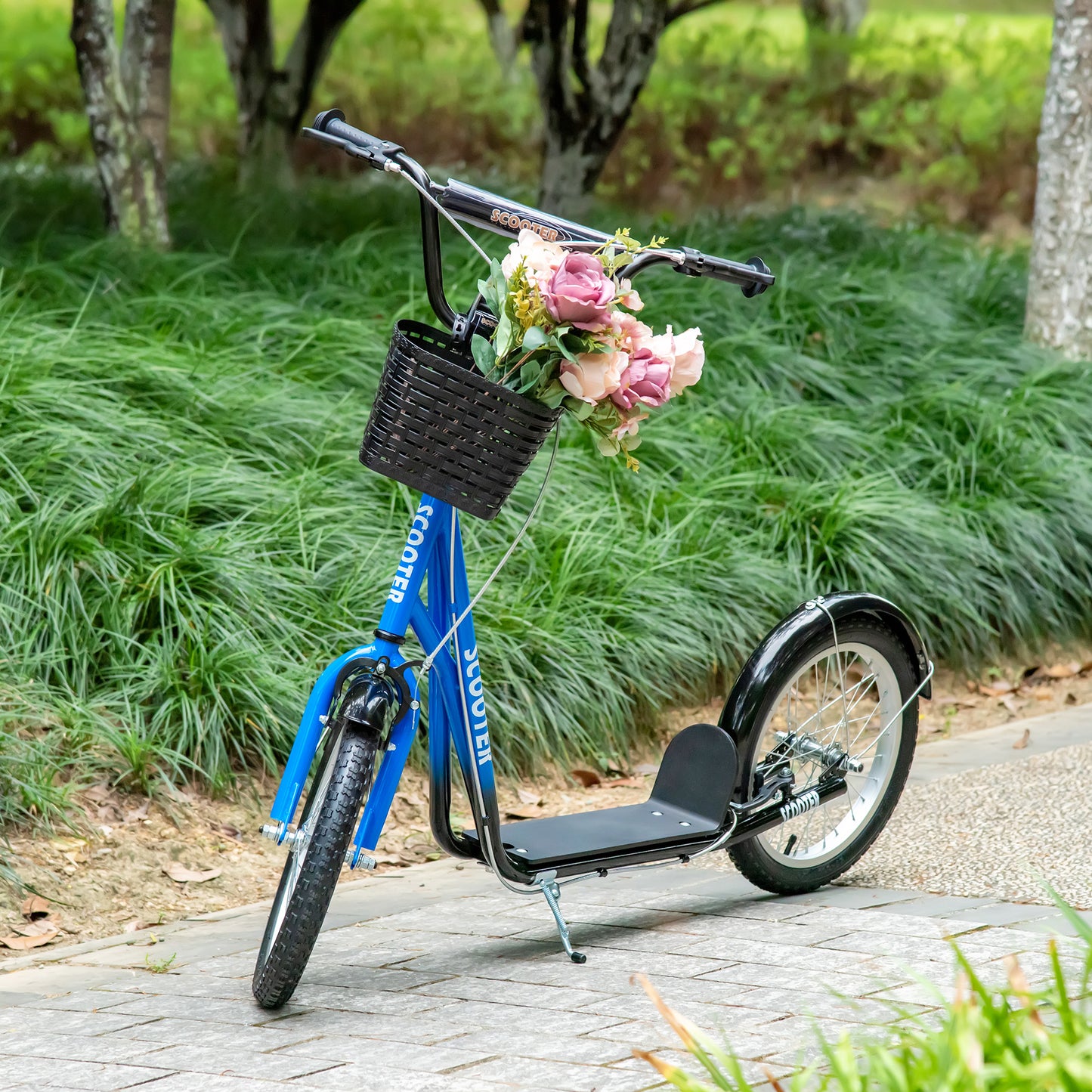 HOMCOM Kinderroller, Scooter mit Bremse, inkl. Korb, höhenverstellbar, für Kinder 5-12 J., blau+schwarz