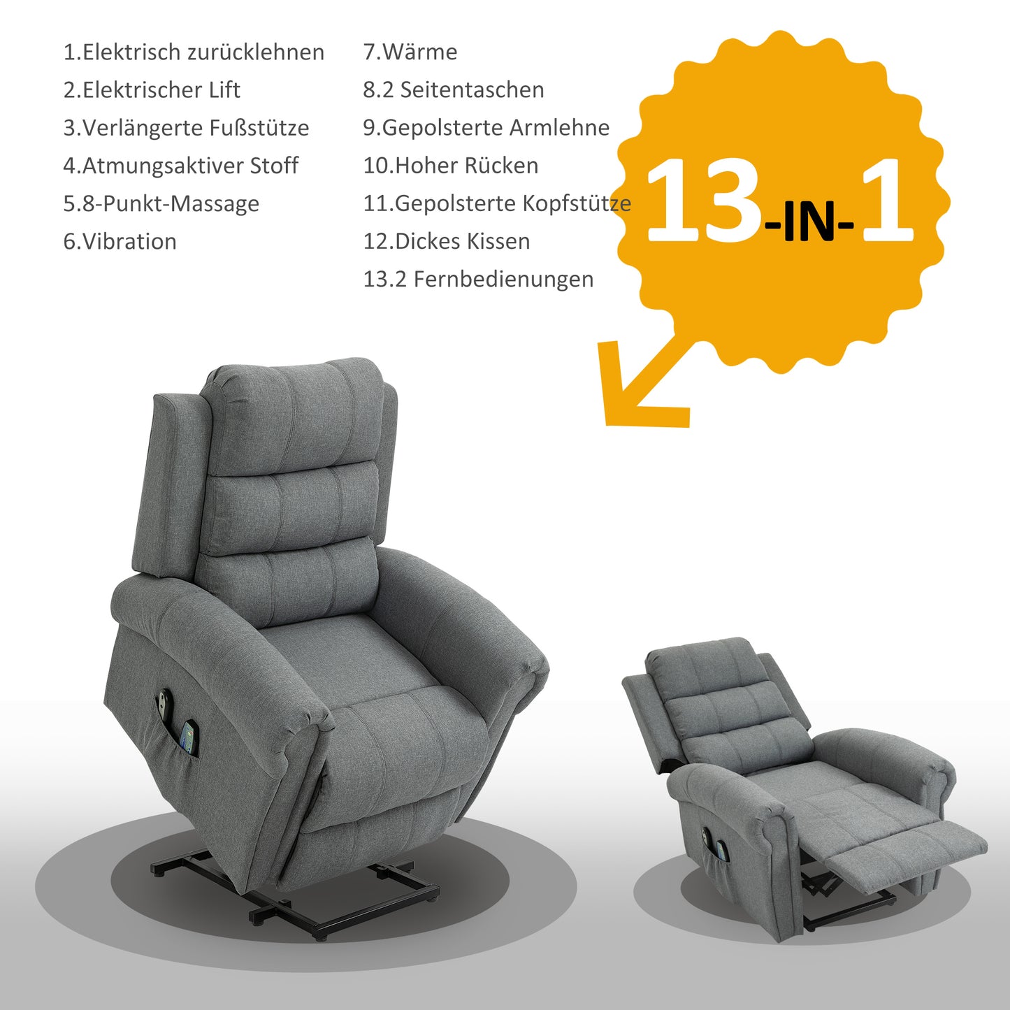 HOMCOM elektrischer Aufstehsessel Massagesessel mit Wärmefunktion Sessel mit Aufstehhilfe relaxsessel mit Fernbedienung Leinen Grau 90 x 91 x 106 cm