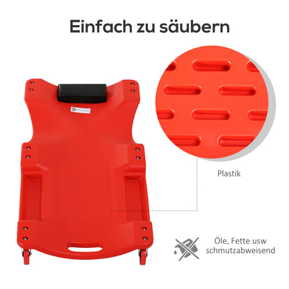 DURHAND Montage-Rollbrett, Kopfstütze, Werkzeugablage, ölbeständig, bis 120 kg, 100x48x12 cm, Rot